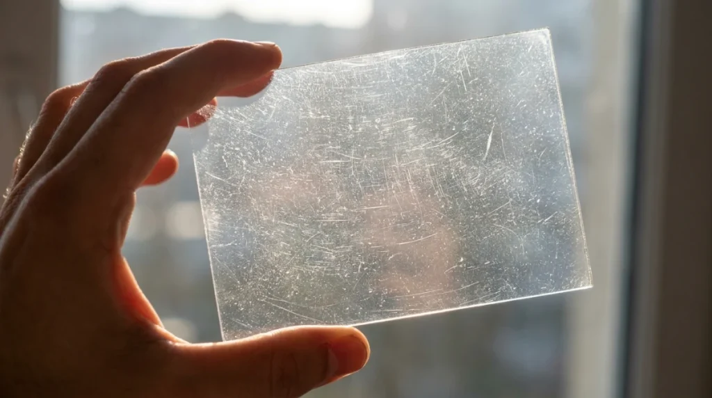 一片透明塑膠板拿到光前顯示細小表面紋理